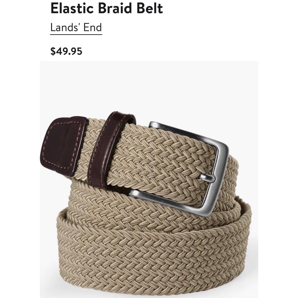 Lands End Men's Elastic Braided Belt Khaki Bungee Cord Leather Trim Size X-Large